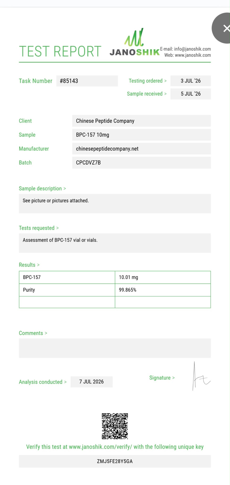 Certificate of Analysis for BPC-157