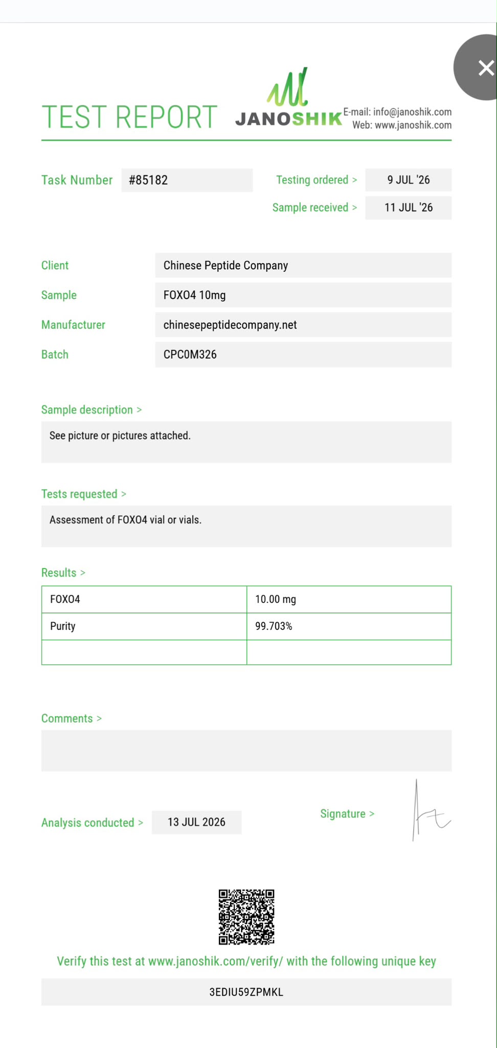 Certificate of Analysis for FOXO4-DRI