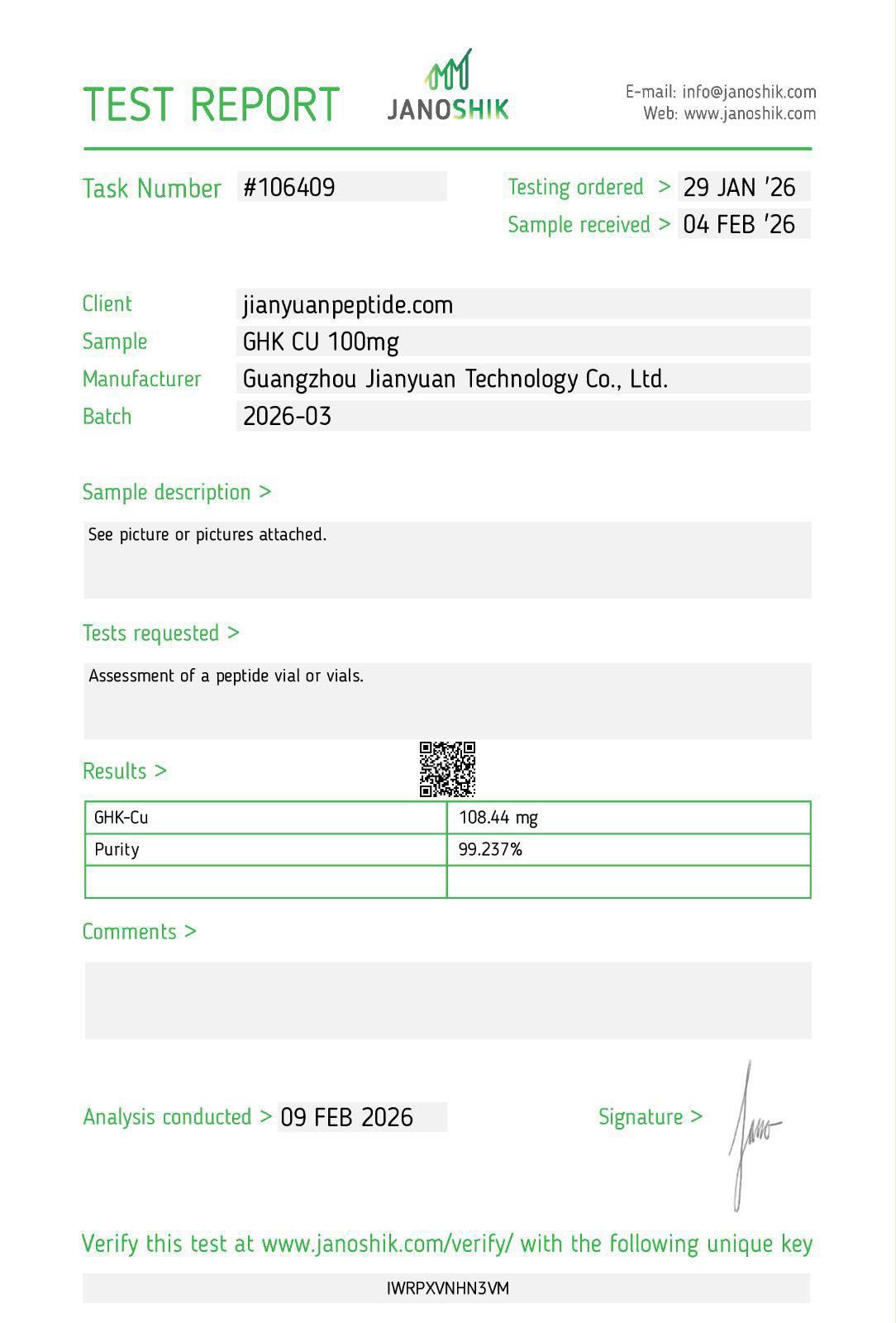 Certificate of Analysis for GHK-Cu
