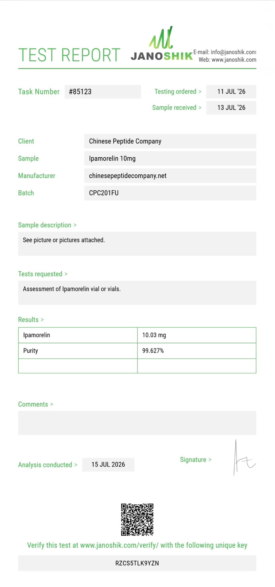 Certificate of Analysis for GHK-Cu