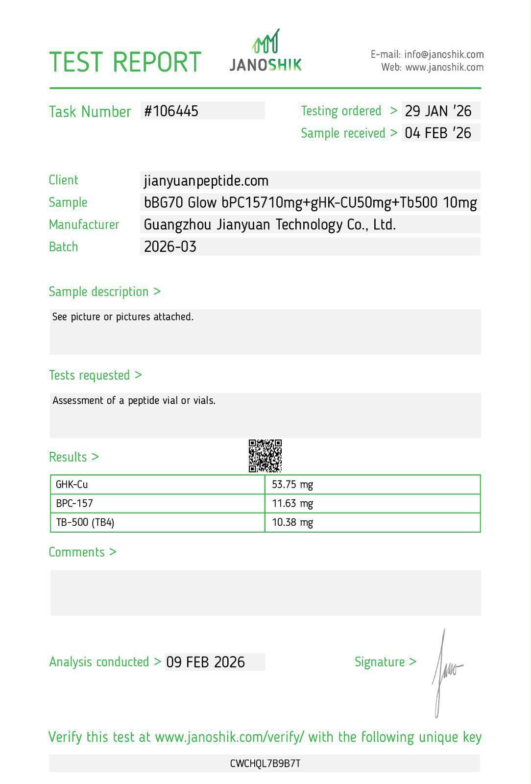 Certificate of Analysis for Glow Stack