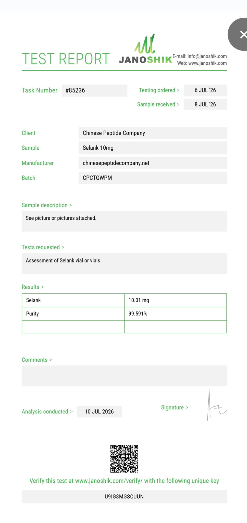 Certificate of Analysis for Selank