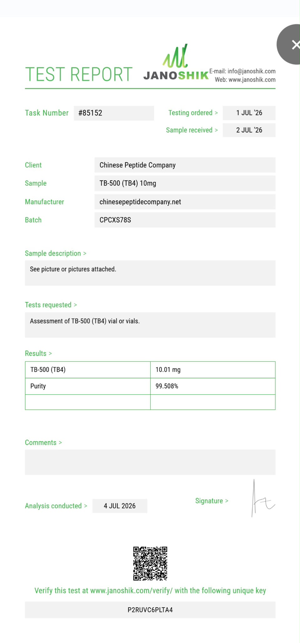 Certificate of Analysis for TB-500